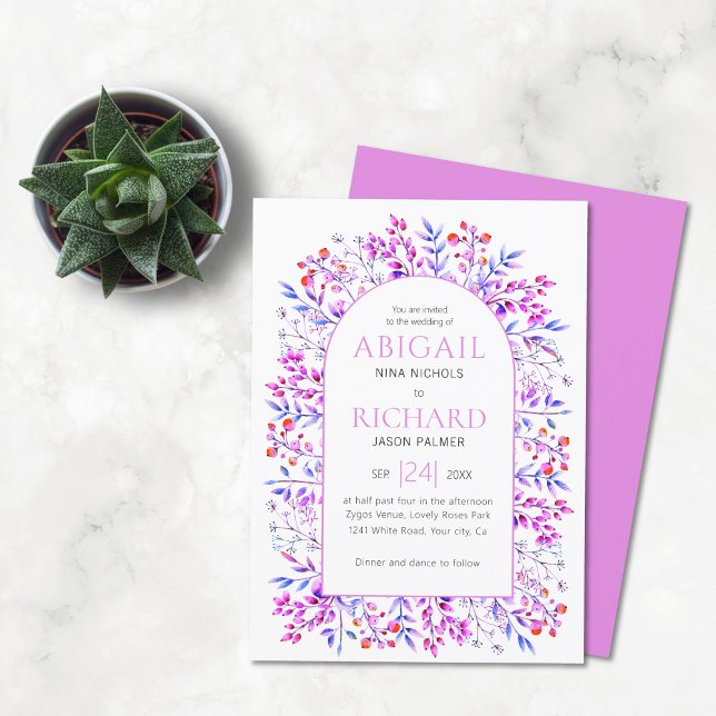 Invitation Arche avec feuilles et baies rose violet mariage (Créateur téléchargé)