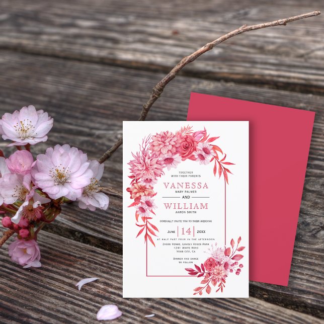 Invitation Arche avec fleurs rouges roses et mariage feuille (Créateur téléchargé)