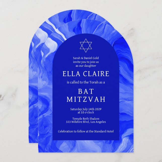 Invitation Arche Bat mitzvah en marbre bleu étoile QR Bar (Devant / Derrière)