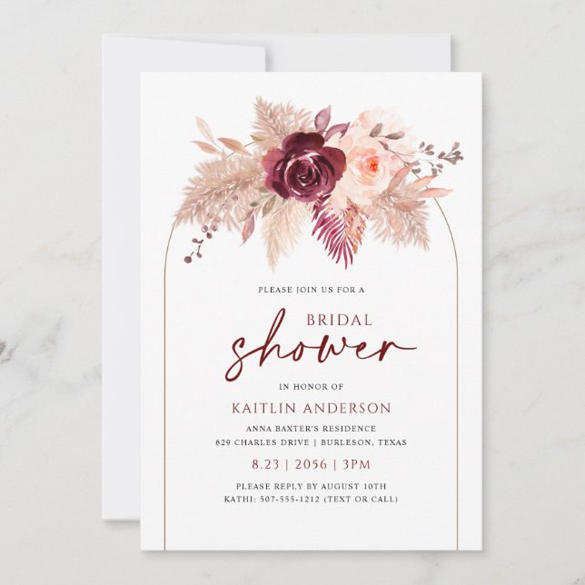 Invitation Arche Bohème Pampas Fête de Mariage Bourguignon (Devant)