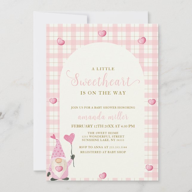 Invitation Arche Boho rose En vichy Baby shower Heart Gnome (Devant)