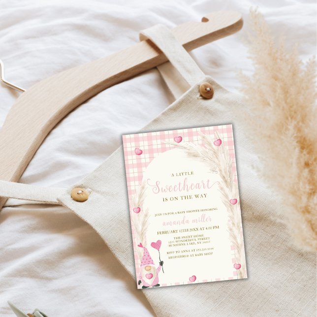 Invitation Arche Boho Rose En vichy Baby shower Swetheart (Pink Boho Arch Gingham Sweetheart Baby Shower Invitation)