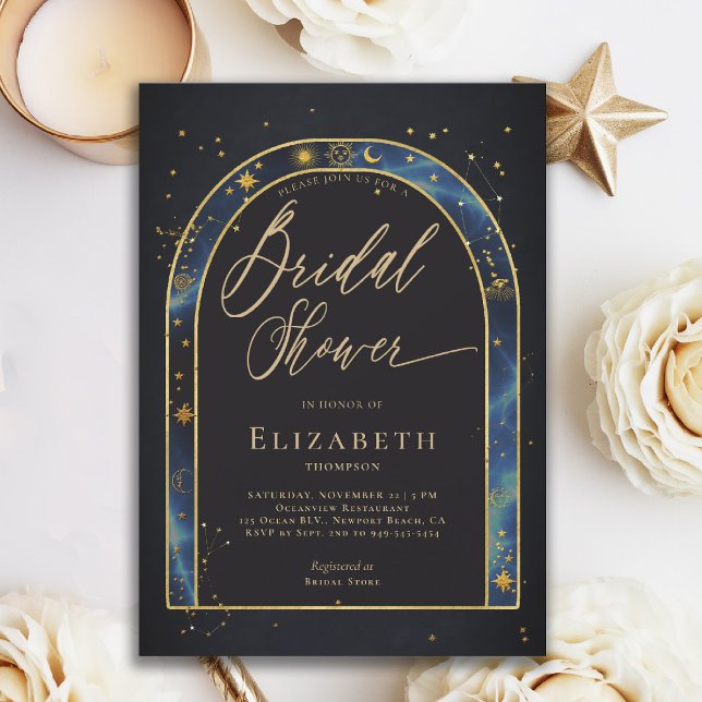 Invitation Arche Céleste Eaux Zodiaque Céleste Enterrement de (celestial bridal shower invitation zodiac signs astrology oracle universe mystical waters blue arch)