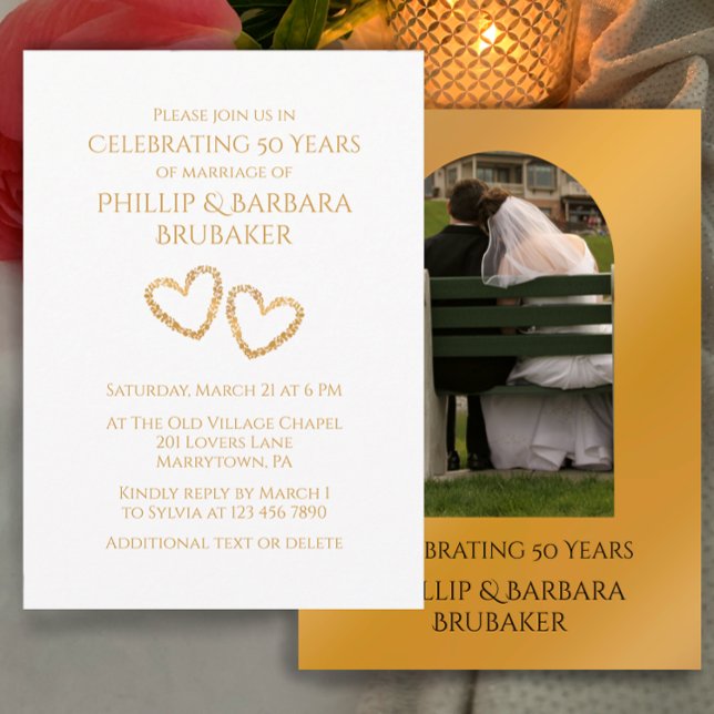 Invitation Arche de 50e anniversaire de mariage avec coeurs p (Personalize this template for a simple elegant golden wedding anniversary party invitation.
)