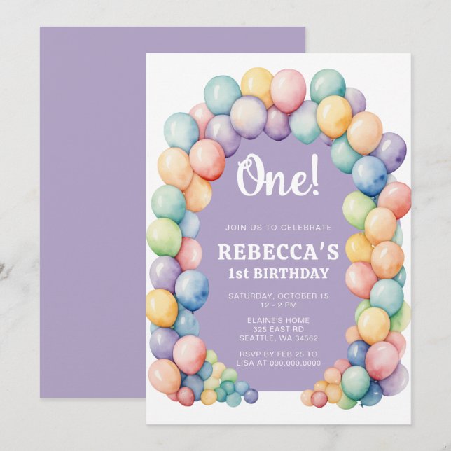 Invitation Arche de ballons arc-en-ciel pour anniversaire tou (Devant / Derrière)