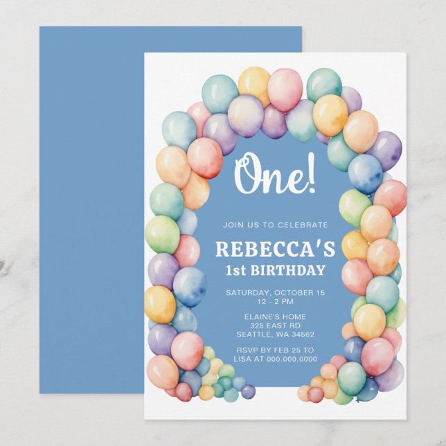 Invitation Arche de ballons arc-en-ciel pour anniversaire tou (Devant / Derrière)