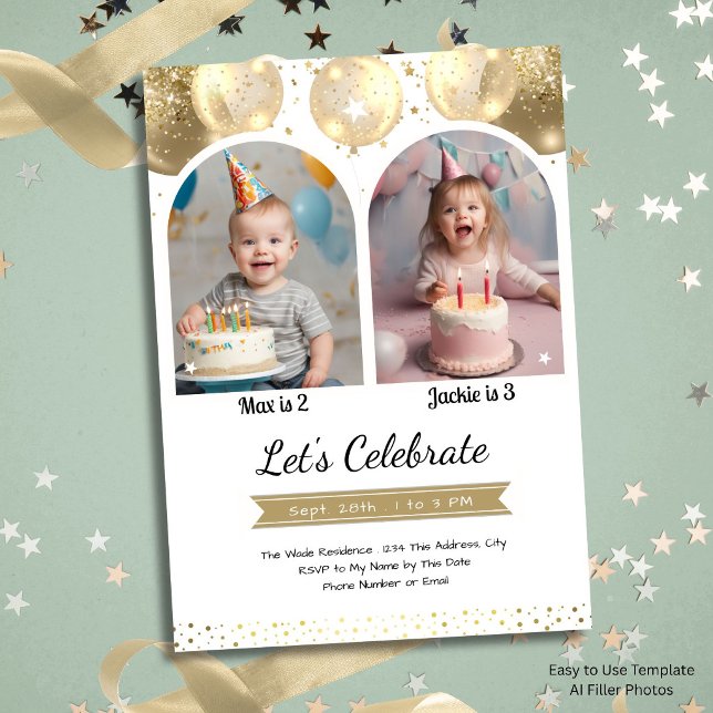 Invitation Arche de ballons dorés pour double anniversaire po (Créateur téléchargé)