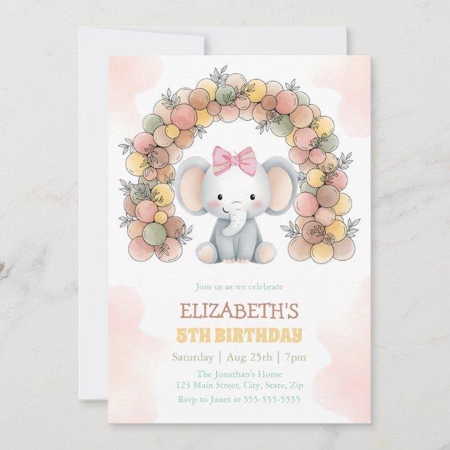 Invitation Arche de ballons éléphant mignon pour fête d'anniv (Devant)