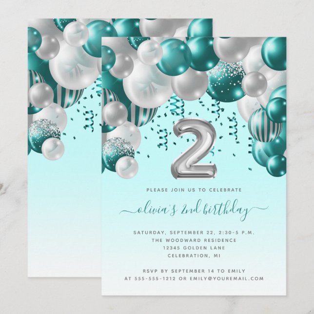 Invitation Arche de Ballons Turquoise Argent Filles 2ème Anni (Devant / Derrière)