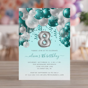 Invitation Arche de Ballons Turquoise Argent Filles 8ème Anni