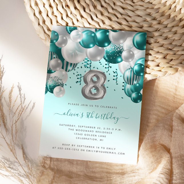 Invitation Arche de Ballons Turquoise Argent Filles 8ème Anni (Créateur téléchargé)