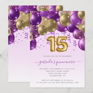 Invitation Arche de ballons violet or Quinceañera