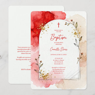 Invitation Arche de baptême à l'aquarelle rouge et paillettes