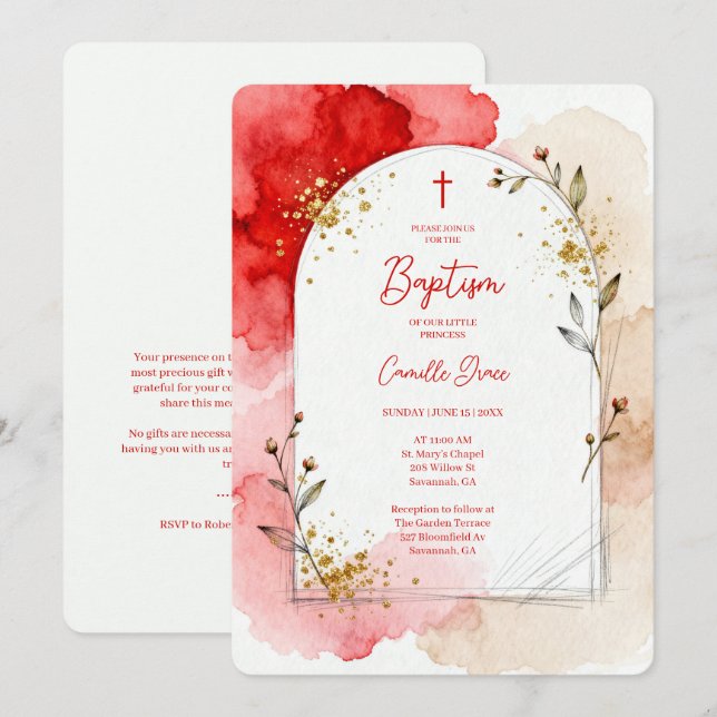 Invitation Arche de baptême à l'aquarelle rouge et paillettes (Devant / Derrière)