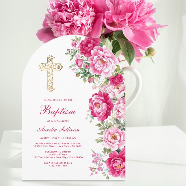 Invitation Arche de baptême aux pivoines rose vif (Créateur téléchargé)