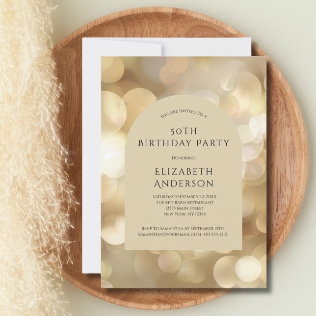 Invitation Arche de Bokeh Champagne Doré pour 50e Anniversair (Gold Champagne Bokeh Arch 50th Birthday invitation for him or her. Printed or Digital)