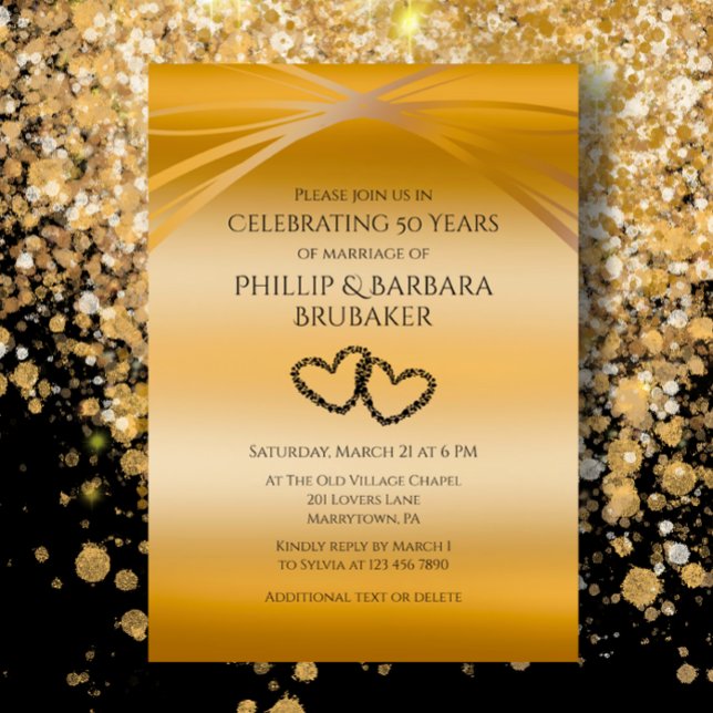 Invitation Arche de coeur originale personnalisée pour 50e an (Golden Arches 50th Wedding Anniversary celebration party invitation with custom elegant black script)