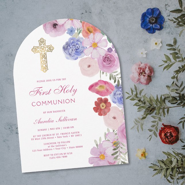 Invitation Arche de fleurs aquarelle pour la Première Communi (Créateur téléchargé)