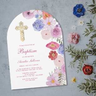 Invitation Arche de fleurs aquarelles pour baptême
