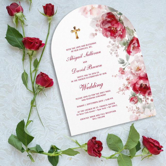 Invitation Arche de fleurs blanches et rouges Mariage religie (Créateur téléchargé)