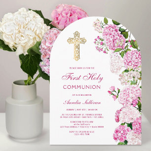 Invitation Arche de fleurs d'hortensia rose pour la Première 