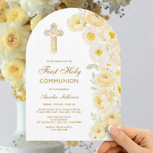 Invitation Arche de fleurs jaunes pour la première communion