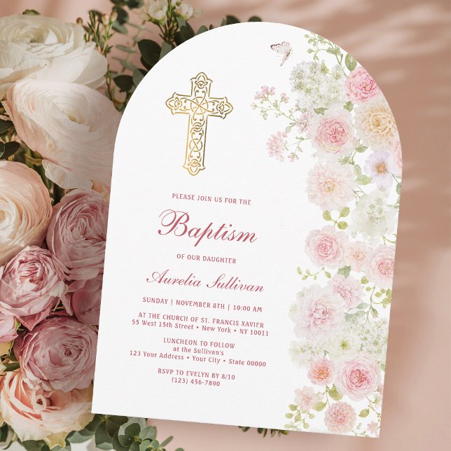 Invitation Arche de fleurs roses et pêche pour baptême (Créateur téléchargé)