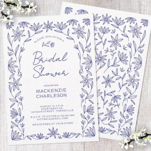 Invitation Arche de Fleurs Sauvages Bleues de Méditerranée po (Mediterranean blue and white wildflower floral line art bridal shower invitation)