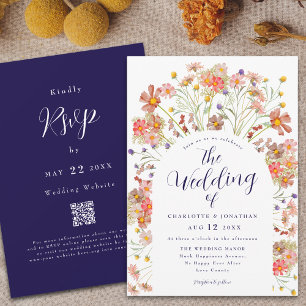 Invitation Arche de fleurs sauvages bohème bleu marine blanc