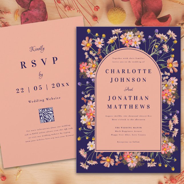Invitation Arche de fleurs sauvages mariage d'automne bleu ma (Wildflower arch elegant navy blue peach fall wedding invitation with rsvp website qr code)