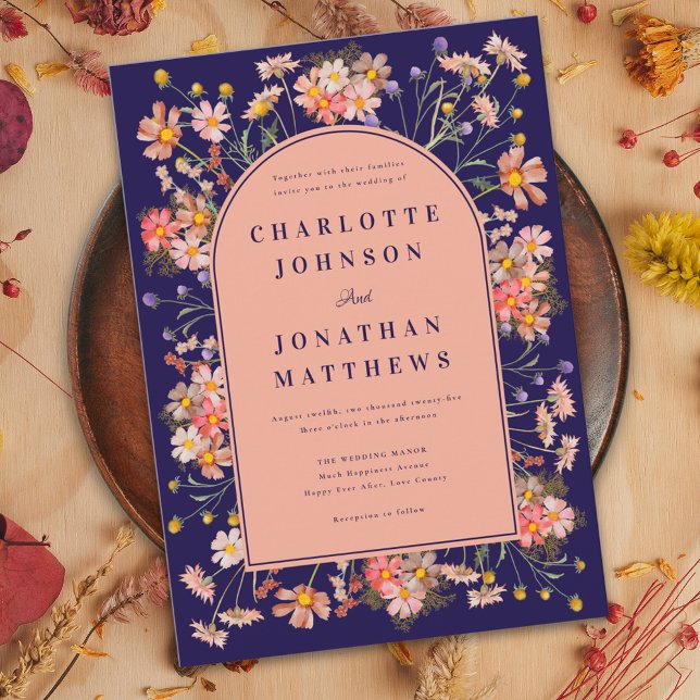 Invitation Arche de fleurs sauvages mariage d'automne bleu ma (Wildflower arch elegant navy blue peach fall wedding invitation with watercolor dried flower florals)