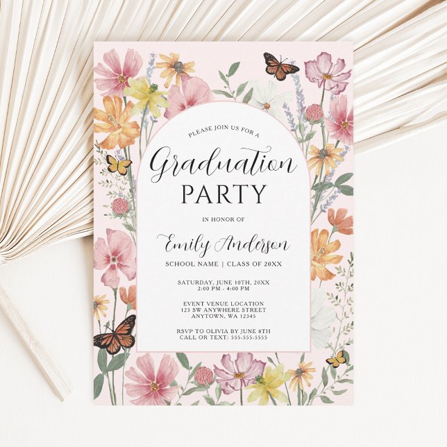 Invitation Arche de fleurs sauvages papillon rose pour fête d (Créateur téléchargé)