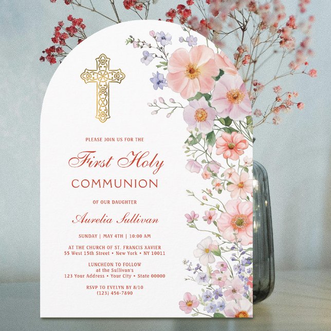 Invitation Arche de fleurs sauvages pastel pour première comm (Créateur téléchargé)