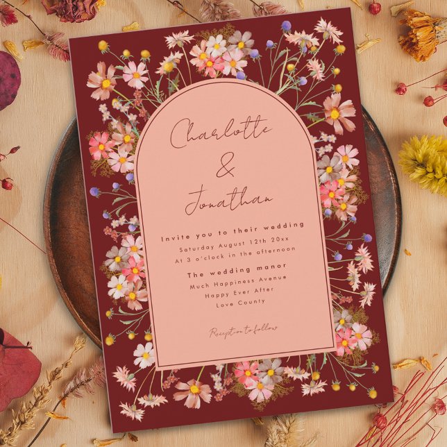 Invitation Arche de fleurs sauvages Terracotta foncé Mariage  (Wildflower boho floral arch terracotta burnt orange fall wedding invitation with whimsical script )
