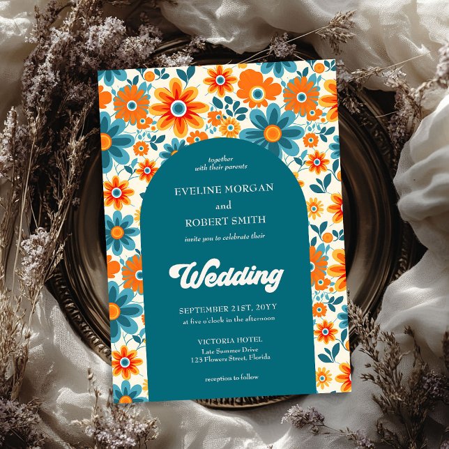 Invitation Arche de fleurs super rétro jaune et bleu (Retro groovy orange yellow and blue flowers arch invitation)