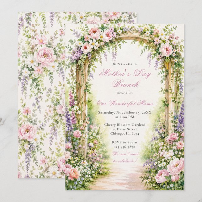 Invitation Arche de jardin fleuri pour brunch de la fête des  (Devant / Derrière)