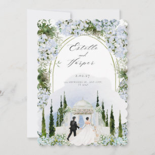 Invitation Arche de jardin florale bleu poussiéreux aquarelle