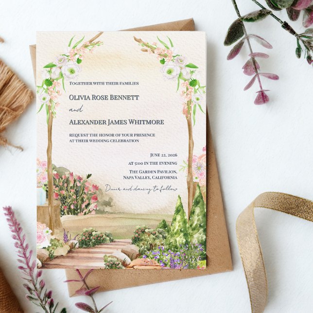 Invitation Arche de jardin romantique à l'aquarelle pour mari (Watercolor Garden Arch Wedding Invitation Romantic Outdoor Floral Wedding Invite)