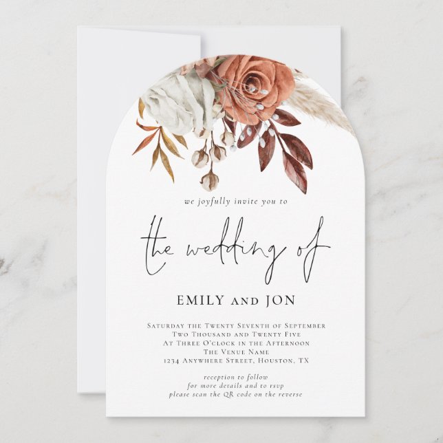 Invitation Arche de mariage à code QR photo de fleurs en terr (Devant)