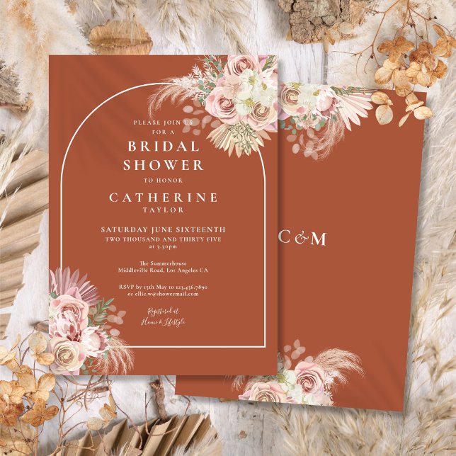 Invitation Arche de mariage bohème en herbe de pampas terraco (Boho Terracotta Pampas Grass Arch Bridal Shower Invitation)
