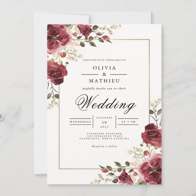 Invitation Arche de mariage botanique bordeaux profond (Devant)