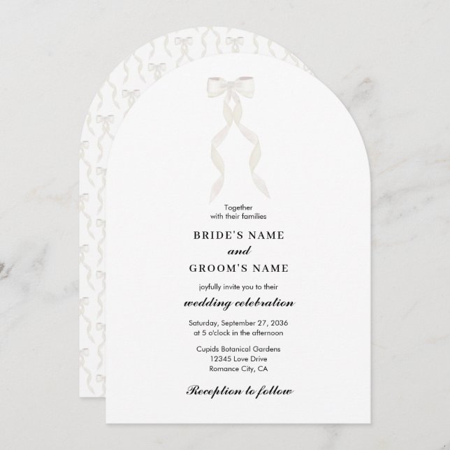 Invitation Arche de mariage élégante à ruban blanc (Devant / Derrière)