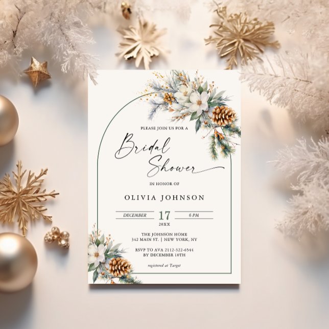 Invitation Arche de mariage florale blanche avec pin hivernal (Créateur téléchargé)