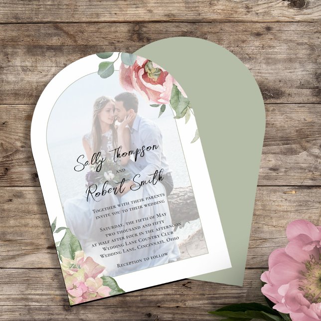Invitation Arche de mariage florale photo rose pastel (Elegant blush pink floral arch photo wedding invitation template. )