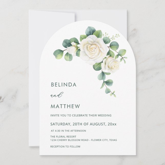 Invitation Arche de mariage moderne aux roses blanches aquare (Devant)