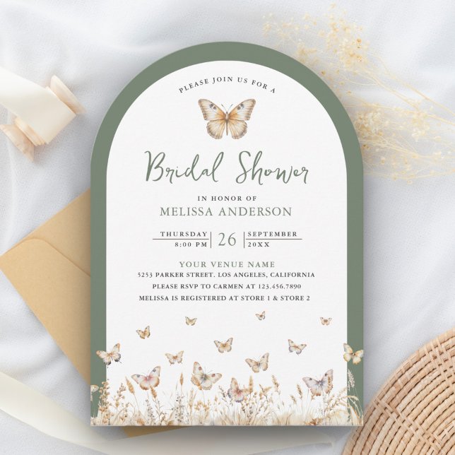 Invitation Arche de Mariage Papillon Fleur Sauvage Vert Sauge (Créateur téléchargé)