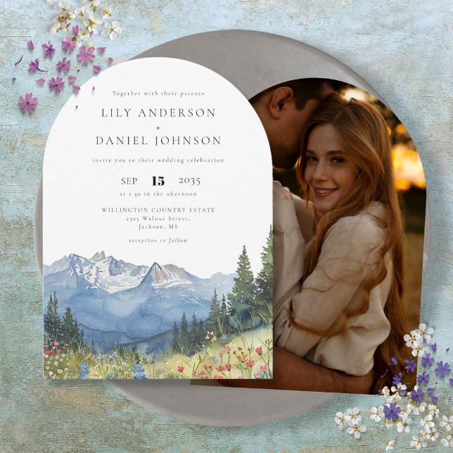 Invitation Arche de mariage photo de fleurs sauvages de monta (Watercolor Mountain Wildflower Photo Wedding Arch Invitation)