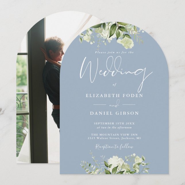 Invitation Arche de mariage photo florale de verdure bleu pou (Devant / Derrière)