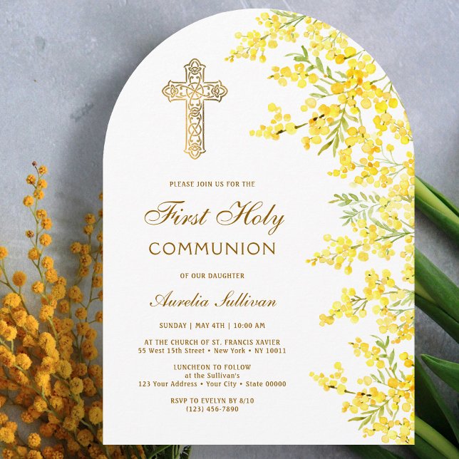 Invitation Arche de mimosa aquarelle Première Communion (Créateur téléchargé)