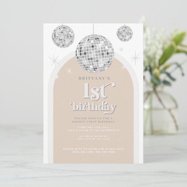 Invitation Arche de Parties scintillant Argent Retro Disco Pr (Debout devant)